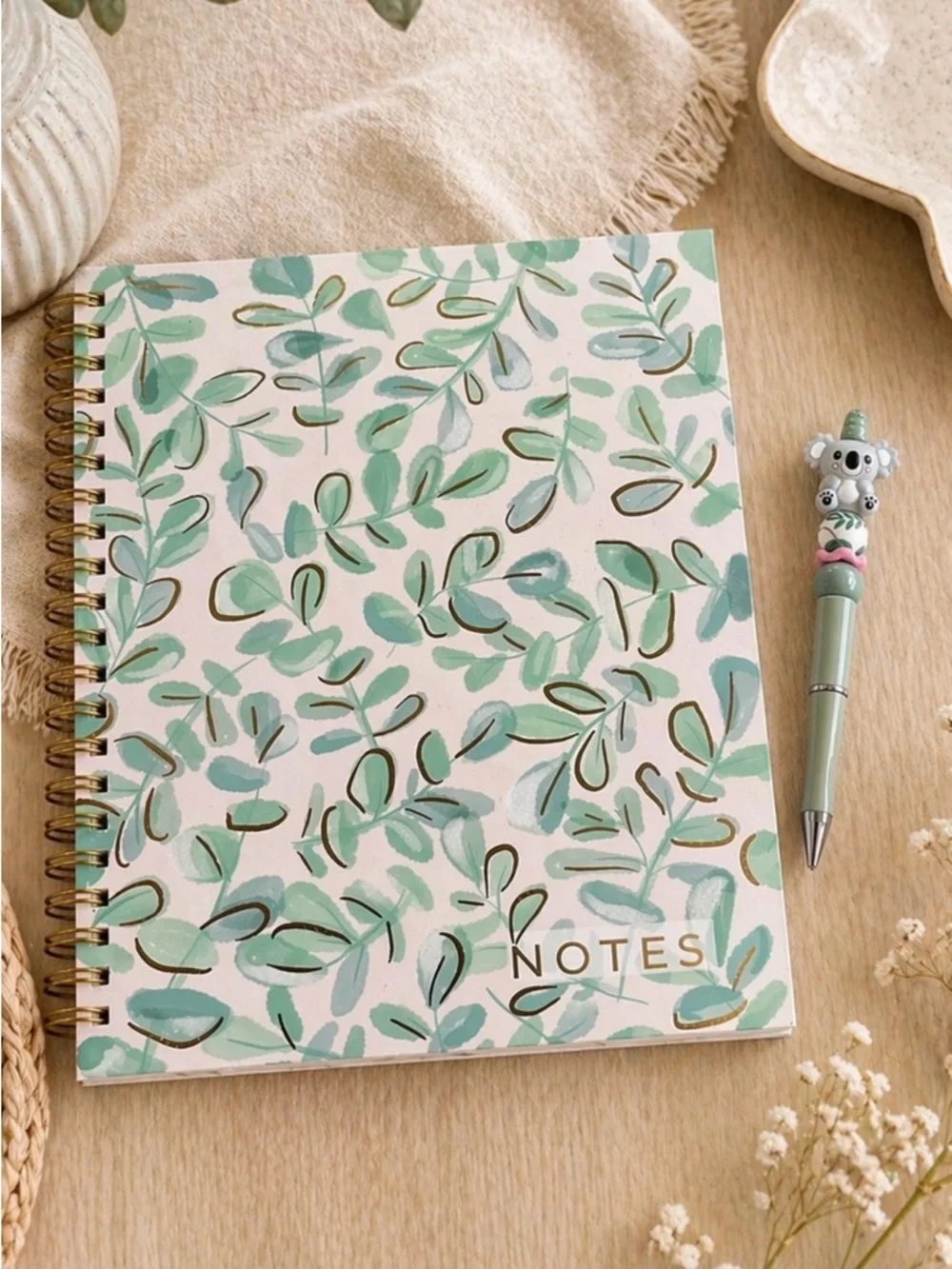 Adorable handmade koala beaded pen with hardcover Floral Green Spiral Notebook